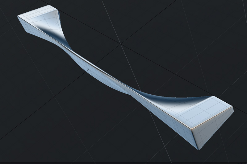 Subdivision surface view of twisted furniture handle 3D model showing smooth curvature, controlled edge flow, and precise form development